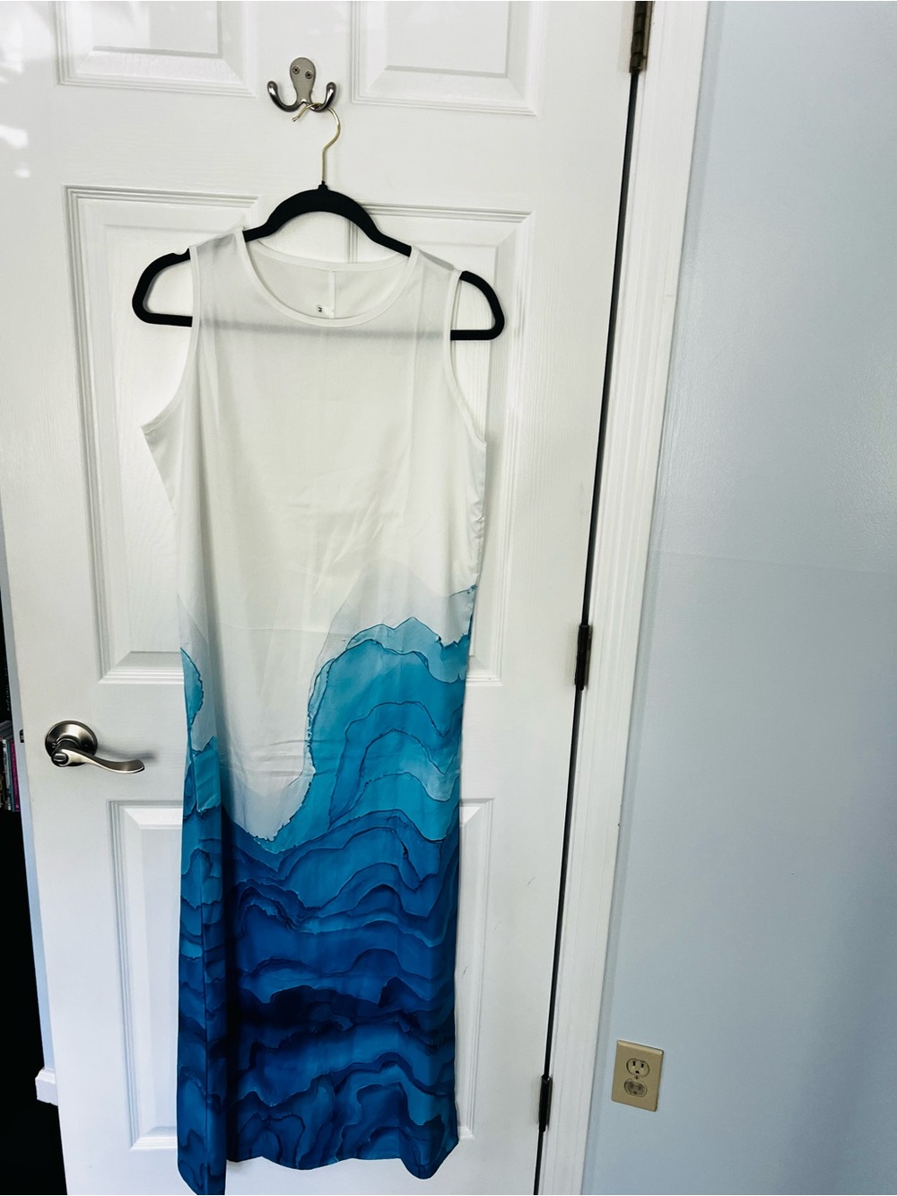 Fun sleeveless White Dress with Blue Ombre Wave Print